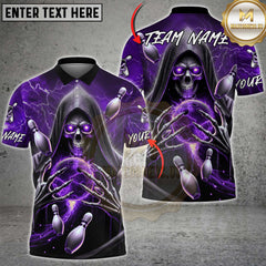 Maxcorners Bowling Shirt Skull Grim Reaper Lightning Multioptions Personalized Name, Team Name Unisex 3D Shirt