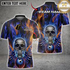Maxcorners Bowling Fiery Blue Skull with Bowling Ball Multicolor Customized Name, Team Name 3D Shirts