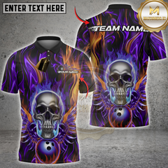 Maxcorners Bowling Fiery Blue Skull with Bowling Ball Multicolor Customized Name, Team Name 3D Shirts