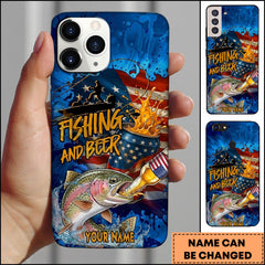 Maxcorners Trout Fishing Phone Case Fishing And Beer American Flag Personalized Name 3D Phone Case