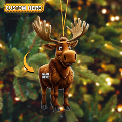 Maxcorners Personalized Cartoon Moose Xmas Hunting Acrylic Christmas Ornament And Keychain Custom Gift For Hunters 2D Flat