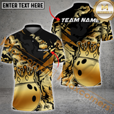 Maxcorners King Crown Golden Pattern Bowling Jersey Multicolor Option Customized Name, Team Name 3D Polo Shirt