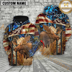 Maxcorners Premium Moose Hunting American Flag Pullover 3D Full Print Hoodie Best Gift For Hunter (Multicolor)