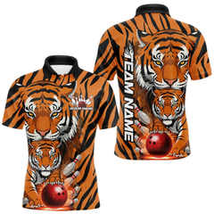 Maxcorners Custom Team Name Tiger Print Bowling Polo Shirts For Men, Bowling Team Tournament Outfit LM1605