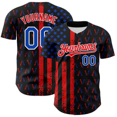 Maxcorners Custom Black Thunder Blue-Red 3D Patriotic Skull American Flag Premium Baseball Jersey LM0210