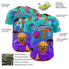 Maxcorners Custom Blue Ice Blue-Purple 3D Pattern Design Trippy Magic Mushrooms Skull Premium Baseball Jersey LM0210