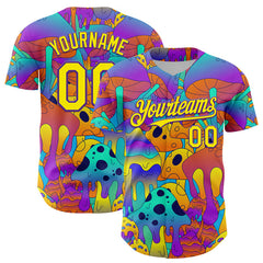 Maxcorners Custom Purple Light Yellow 3D Pattern Design Trippy Magic Mushrooms Trance Authentic Baseball Jersey
LM0609
