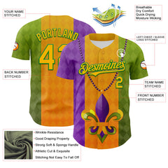 Maxcorners Custom Purple Gold-Grass Green 3D Pattern Design Mardi Gras Shrove Tuesday Premium Baseball Jersey LM0210