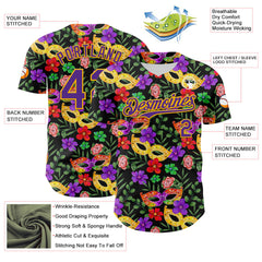 Maxcorners Custom Black Purple-Gold 3D Pattern Design Mardi Gras Shrove Tuesday Premium Baseball Jersey LM0210