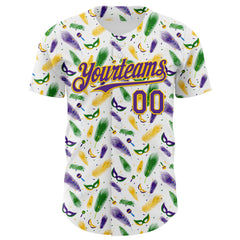 Maxcorners Custom White Purple-Yellow 3D Pattern Design Mardi Gras Shrove Tuesday Premium Baseball Jersey LM0210