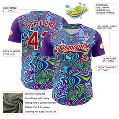 Maxcorners Custom Purple Red-White 3D Pattern Design Rave Party Trippy Laser Fluid Premium Baseball Jersey LM0210