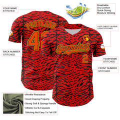 Maxcorners Custom Red Orange Black-Yellow 3D Pattern Design Burner Costumes Animal Tiger Print Premium Baseball Jersey LM0210