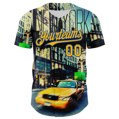 Maxcorners Custom Green Gold-Thunder Blue 3D Pattern Design New York Cityscape Statue Of Liberty Premium Baseball Jersey LM0210