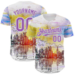 Maxcorners Custom White Medium Purple 3D Pattern Design New York Cityscape Sunrise Premium Baseball Jersey LM0210