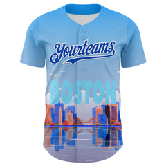 Maxcorners Custom Blue Thunder Blue-White 3D Pattern Design Boston Cityscape Skyline Premium Baseball Jersey LM0210