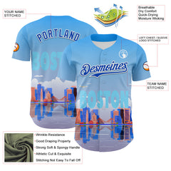 Maxcorners Custom Blue Thunder Blue-White 3D Pattern Design Boston Cityscape Skyline Premium Baseball Jersey LM0210