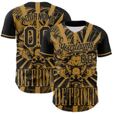 Maxcorners Custom Black Old Gold 3D Pattern Design Detroit Cityscape Steampunk Engine Bull Premium Baseball Jersey LM0210