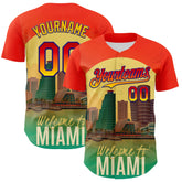 Maxcorners Custom Orange Green Yellow-Dark Purple 3D Pattern Design Gradient Miami Cityscape Sunset Premium Baseball Jersey LM0210