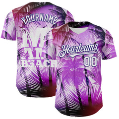 Maxcorners Custom Purple White-Dark Purple 3D Pattern Design Gradient Miami Cityscape Hawaii Tropical Palm Tree Premium Baseball Jersey LM0210