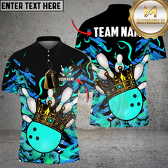 Maxcorners Bowling And Pins Burning King Crown Customized Name, Team Name 3D Shirt Cyan TU0207