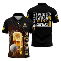 Maxcorners Swing Swear Drink Repeat Funny Golf Polo Shirt, Mens Golf Gift, Golf Lover Gift