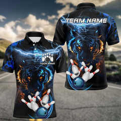 Maxcorners Personalized Blue Lightning Thunder Storm Tiger Bowling Shirts For Men Custom Bowling Team Jerseys