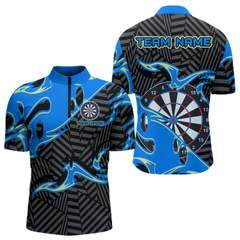 Maxcorners Custom Black And Blue Tribal Flame Dart Shirts For Men, Darts Team Jerseys Polo & Quarter Zip LM0705