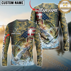 Maxcorners Bass Fishing American Flag Camo Cross Skin Pattern Sun Protection Personalized Name, Team Name Long Sleeve Shirt