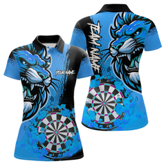 Maxcorners Blue Funny Darts Flame Lion Custom Polo & Quarter-Zip, Personalized Men Dart Shirts Dart Jerseys LM105
