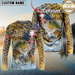 Maxcorners Walleye Fishing American Flag Camo Cross Skin Pattern Sun Protection Personalized Name, Team Name Long Sleeve Shirt