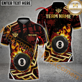 Maxcorners Ball 8 Fire Golden Pattern Billiard Jersey Multicolor Options Personalized Name, Team Name 3D Polo Shirt (4 Colors)