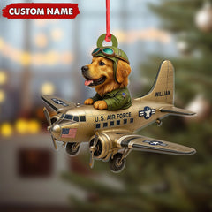 Maxcorners Personalized Dog Pilot Christmas Ornament And Keychain, Custom Name U.S. Air Force Airplane, Military Dog Lover Tree Decor Gift