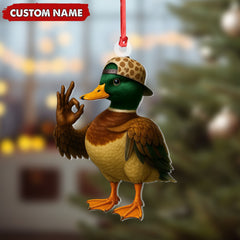 Maxcorners Personalized Cool Duck Christmas Ornament, Custom Name Mallard Wearing Hat, Funny Hipster Duck Tree Decoration