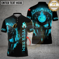 Maxcorners Bowling And Pins Flame Skull Light Pattern Customized Name, Team Name 3D Shirt (4 Colors)