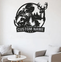 Maxcorners Personalized Deer and Fish Hunting Metal Sign WITH LED/WITHOUT LED, Rustic Cabin Wall Decor, Wildlife Outdoor Lodge Gift LM0110