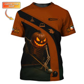 Maxcorners Halloween Billiards Jersey, Custom Name Skeleton Pumpkin Pool Shirt, Spooky 8 Ball Shirt For Billiard Lovers LM0509