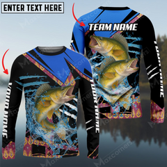 Maxcorners Walleye Fishing Blue Brocade Pattern Sun Protection Personalized Name, Team Name Long Sleeve Shirt