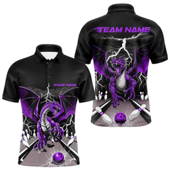 Maxcorners Custom Purple Dragon On The Lane Bowling Polo Shirts For Men, Dragon Bowling Team Shirt LM1605