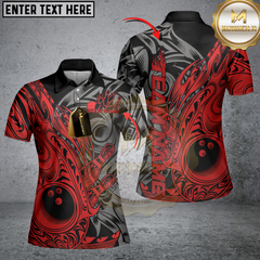 Maxcorners Custom Black And Red Flame Tribal Polynesian Bowling Men Polo Shirts, Bowling Team Uniform