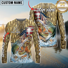 Maxcorners Pike Fishing American Flag Camo Cross Skin Pattern Sun Protection Personalized Name, Team Name Long Sleeve Shirt