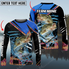 Maxcorners Bass Fishing Blue Brocade Pattern Sun Protection Personalized Name, Team Name Long Sleeve Shirt