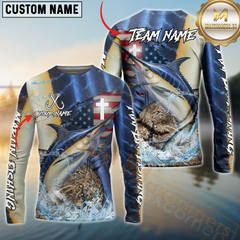 Maxcorners Marlin Fishing American Flag Camo Cross Skin Pattern Pattern Sun Protection Personalized Name, Team Name Long Sleeve Shirt