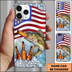 Maxcorners Walleye Fishing Phone Case American Flag Beer Bottles Fish Art Personalized Name 3D Phone Case