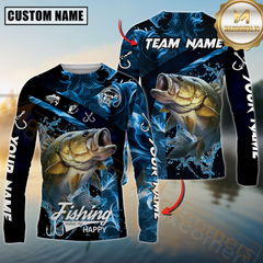 Maxcorners Bass Fishing Blue Smoke Sun Protection Personalized Name,Team Name 3D Long Sleeve Shirt