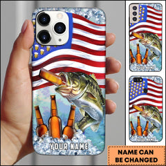 Maxcorners Bass Fishing Phone Case American Flag Beer Bottles Fish Art Personalized Name 3D Phone Case