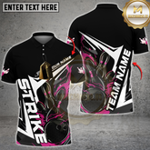 Maxcorners Custom Black And Pink Flame Strike Bowling Polo Shirts For Men And Women Strike Bowling Jerseys