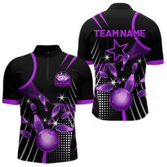 Maxcorners Black and Purple Mens Bowling Polo, Quarter Zip Shirts Custom Bowling outfit men Team Jerseys LM1605