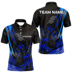 Maxcorners Black and Blue Flame Bowling Polo, Quarter Zip Shirts For Men Custom Bowling Outfit Team Jerseys LM1605