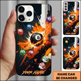 Maxcorners Billiards Orange Splash White Stripe 8 Ball Personalized Name Phone Case