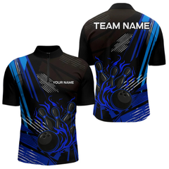 Maxcorners Black and Blue Flame Bowling Polo, Quarter Zip Shirts For Men Custom Bowling Outfit Team Jerseys LM1605